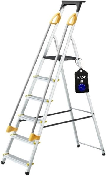 PROREGAL Stufenstehleiter ATLAS mit Werkzeugablage & Handlauf Einseitig Begehbar 6 Stufen Arbeitshöhe 3,19 m Traglast 150 kg