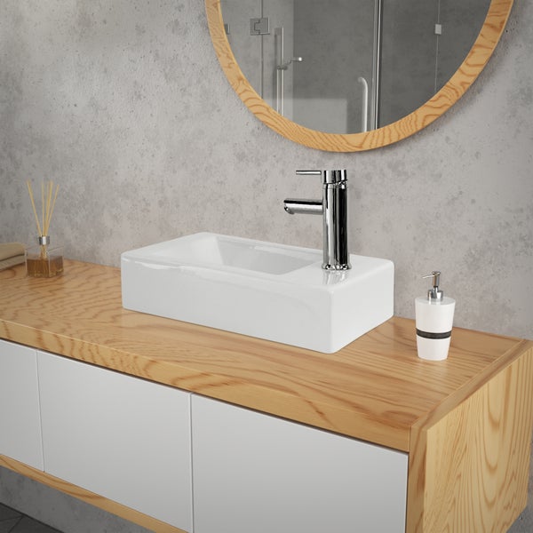 ML-Design Waschbecken aus Keramik in Weiß 46x26x11 cm Eckig, klein, Hahnloch rechts, inkl. Ablaufgarnitur, Wandmontage / Aufsatzwaschbecken, Moderne Hängewaschbecken Waschtisch Waschschale Waschplatz