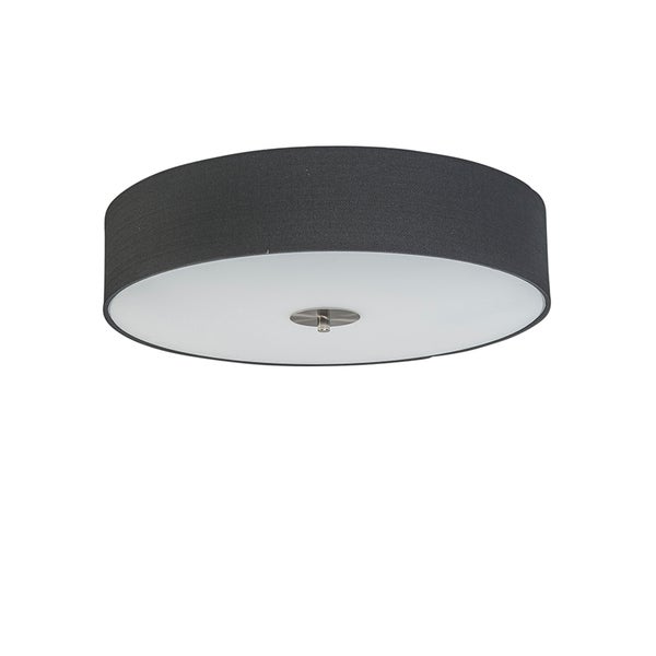 Runde Deckenleuchte mit dunkelgrauem Textilschirm und weißem Diffusor.