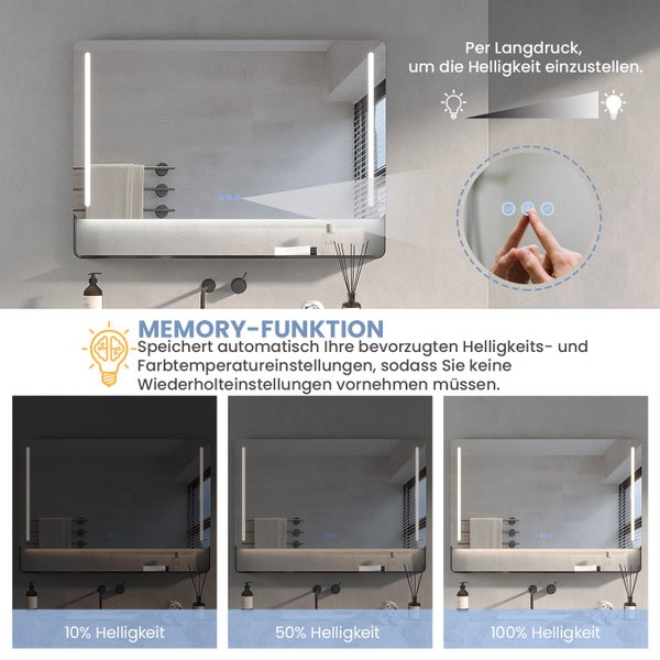 Rechteckiger Badezimmerspiegel mit LED Beleuchtung und Touch Steuerung zur Helligkeitsanpassung sowie Memory Funktion in einem modernen Badezimmer.