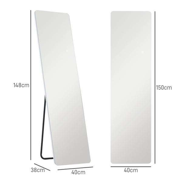 HOMCOM Ganzkörperspiegel mit LED-Beleuchtung, 150 x 40 cm Standspiegel mit 3 Lichtfarben, Wandspiegel mit Ständer, Touch-Schalter für Schlafzimmer, Wohnzimmer, Transparent