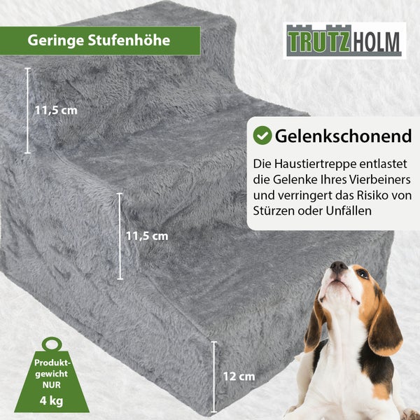 Haustiertreppe 3 Stufen Hundetreppe 75 kg Tragkraft waschbarer Plüschbezug niedrige Stufenhöhe grau