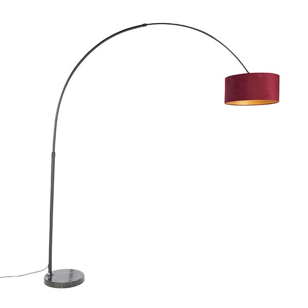 QAZQA - Modern Bogenlampe schwarz Veloursschirm rot mit Gold I Messing 50 cm - XXL I Wohnzimmer I Schlafzimmer - Stahl Länglich I Zylinder I Rund - LED geeignet E27