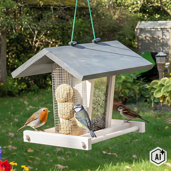 Ein hängendes Vogelhaus aus Holz mit Dach und integriertem Futterspender für Meisenknödel in einem Garten.
