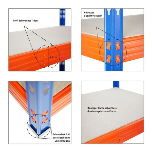 PROREGAL Profi Schwerlastregal Rhino, HxBxT 180x240x60cm, 4 Spanplatten-Ebenen 8mm, Fachlast 450kg, Blau/Orange