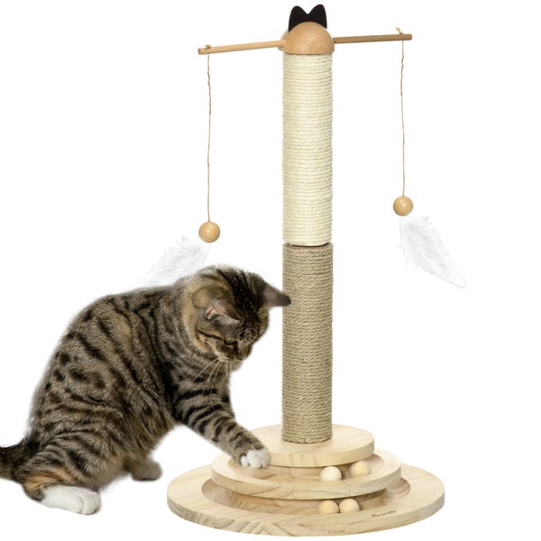 PawHut Kratzbaum, 56 cm, Kletterbaum mit Kratzbrett, Katzenbaum mit Ballspielzeug, Sisalsäule, Katzenkratzbaum, Katzenmöbel, Naturholz