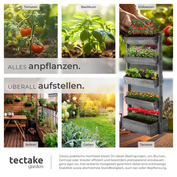 Vertikales Hochbeet aus grauem Holz mit fünf Ebenen für Kräuter, Gemüse und Blumen auf Balkon, Terrasse oder Garten. tectake garden Logo.