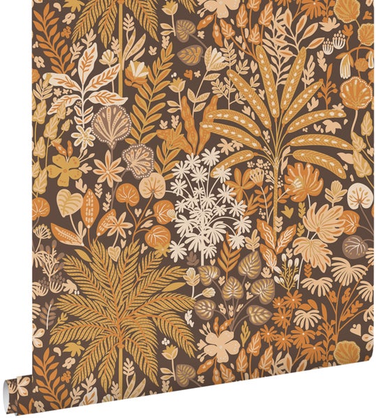 ESTAhome Tapete tropische Blätter und Blüten Orange, Beige, Senfgelb und Dunkelbraun - 50 x 900 cm - 130945