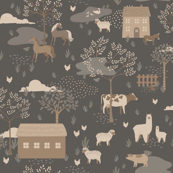 Nahtloses Muster mit Tieren und Häusern im ländlichen Stil