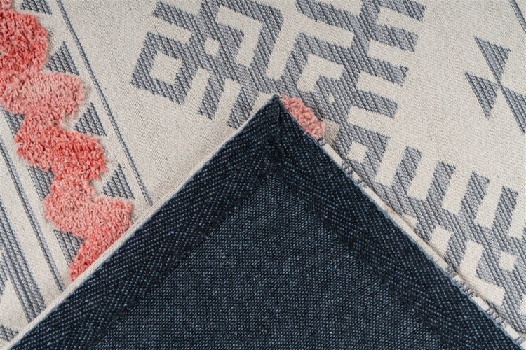 Webteppich mit geometrischem Muster, getuftetem Zickzack-Design und strukturierter Rückseite.