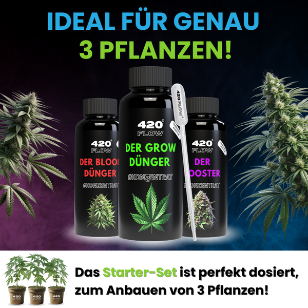 420 Flow Pflanzendünger Starter Set mit drei Flaschen Konzentrat und Pipette für drei Pflanzen.