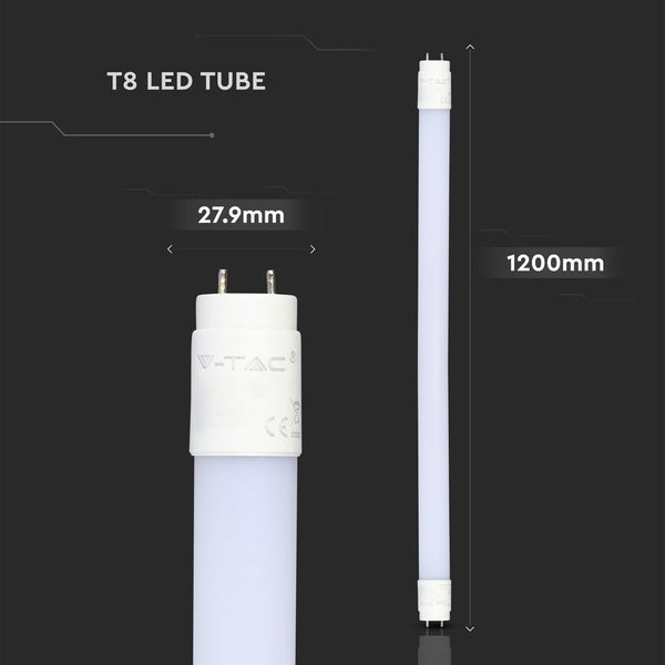 T8 LED Röhre von V-TAC mit einer Länge von 1200 Millimetern und einem Durchmesser von 27,9 Millimetern.