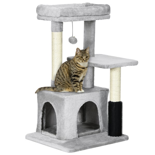 PawHut Kratzbaum Katzenbaum mit Massageecke Katzenhöhle Spielball Katzenkratzbaum Sisalseil-Kratzstangen Hellgrau 48 x 48 x 85 cm