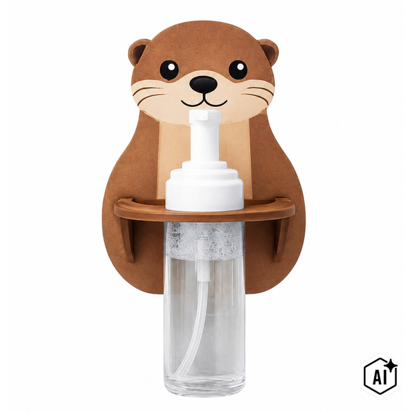 Wandmontierter Seifenspender mit Otter Design Motiv und durchsichtigem Kunststoffbehaelter.