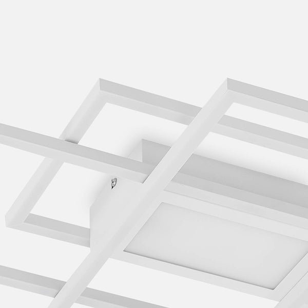 Moderne weiße LED-Deckenleuchte mit rechteckigen Rahmen aus Metall.