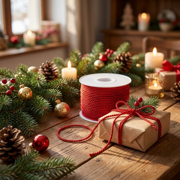 Eine Rolle Dekokordel auf einem rustikalen Holztisch mit weihnachtlicher Dekoration, Tannenzweigen, Kiefernzapfen, Kerzen und einem Geschenk.