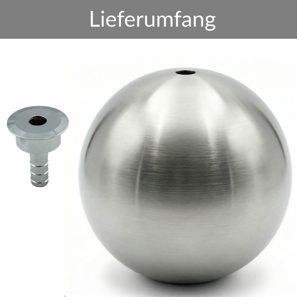 Lieferumfang einer Edelstahlkugel für Springbrunnen mit einem Schlauchanschluss.