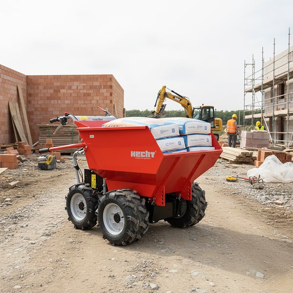 Hecht Minidumper beladen mit Säcken auf einer Baustelle mit Bagger und Rohbau im Hintergrund.