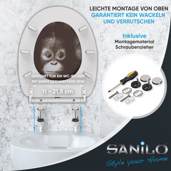 Sanilo WC Sitz mit Affen Motiv inklusive Montagematerial und Schraubenzieher zur einfachen Montage von oben auf Standard WCs.