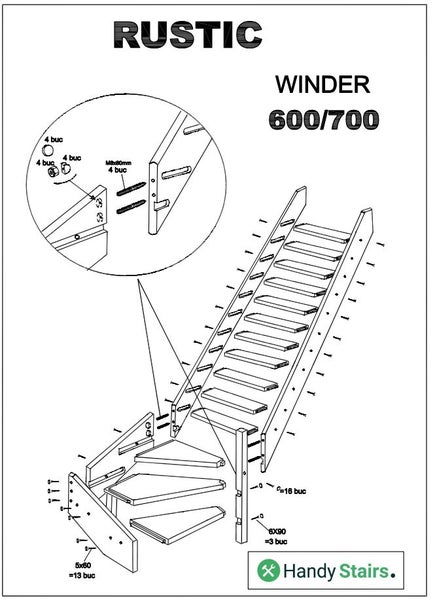 HandyStairs Müllertreppe „Rustic70“ – Vierteldrehung links – Höhe 280 cm – 13 Stufen aus Kiefernholz