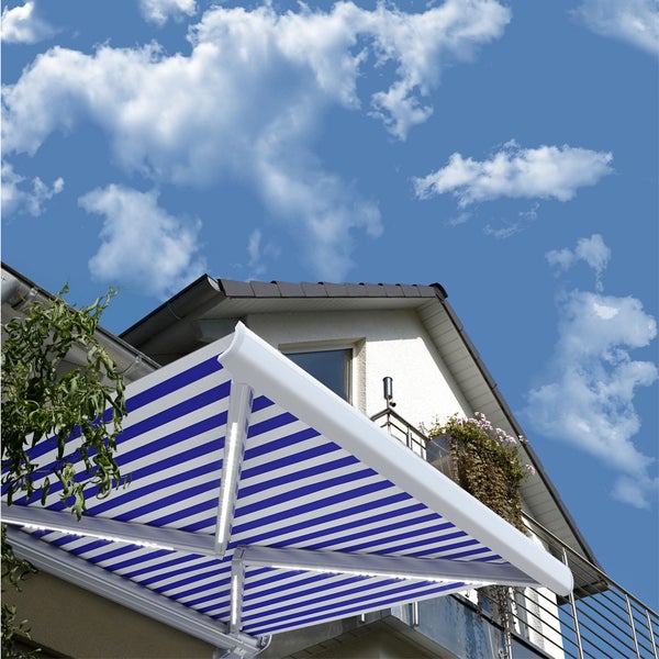 Home Deluxe - LED Vollkassettenmarkise ELOS - Marineblau-Weiß, 395 x 300 cm - inkl. Wind- und Sonnensensor, Fernbedienung, Handkurbel, Montagematerial I Terrassenüberdachung Sonnenschutz Windschutz