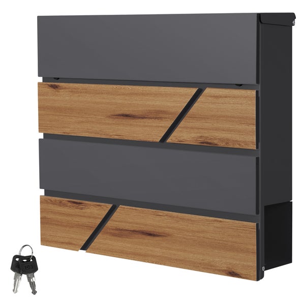 Moderner Wandbriefkasten in Anthrazit mit Paneelen in Holzoptik Eiche inklusive zwei Schlüsseln.