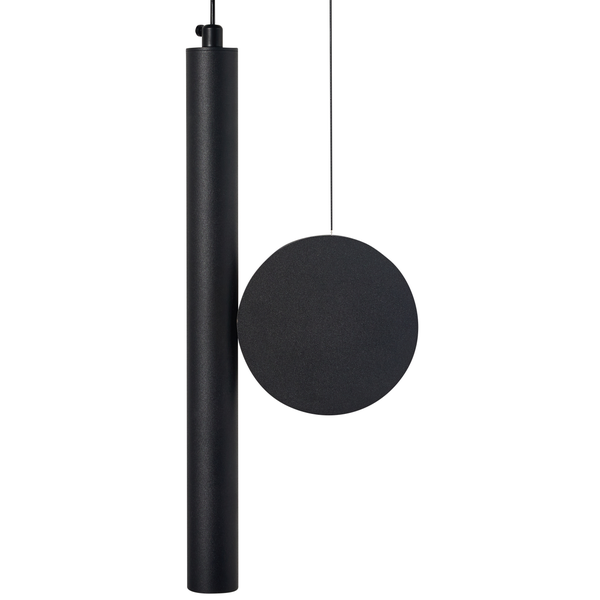 Moderne Pendelleuchte aus mattem schwarzem Metall mit vertikalem Zylinder und runder Scheibe.