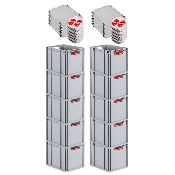 PROREGAL Spar Set 10x Eurobox Nextgen Color Mit Auflagedeckel & Schiebeschnappverschlüsse HxBxT 32 x 30 x 40 cm Griffe Rot Offen Glatter Boden