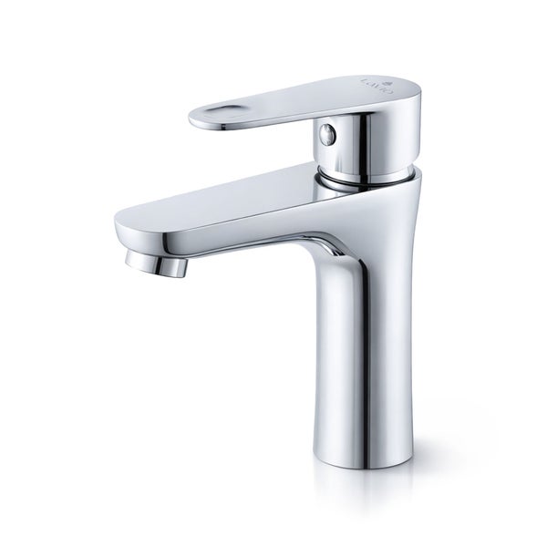 Verchromte Einhand-Waschtischarmatur in modernem Design mit flachem Auslauf und Hebelgriff.