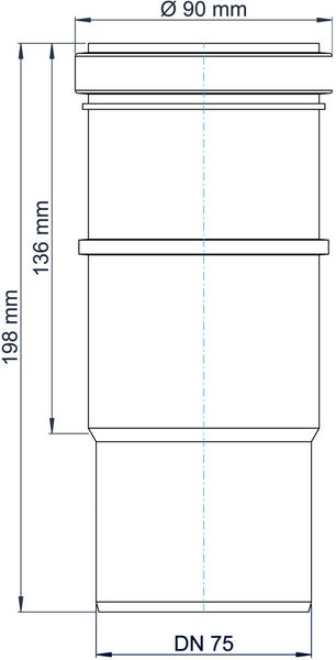 Maßskizze eines Anschlussstücks: Durchmesser oben 90 Millimeter, Nennweite 75 unten, Gesamthöhe 198 Millimeter.