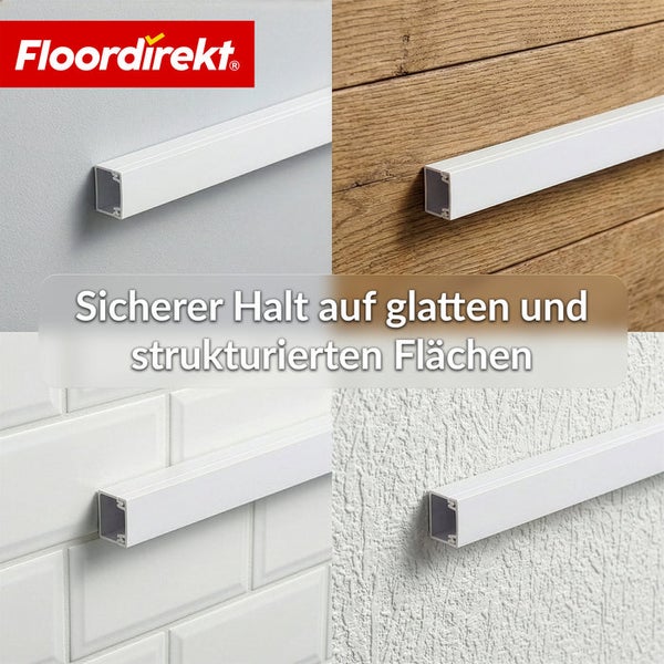 Weißer Kabelkanal montiert auf glatter Wand, Holzoberfläche, Fliesenwand und strukturiertem Putz. Floordirekt Logo.