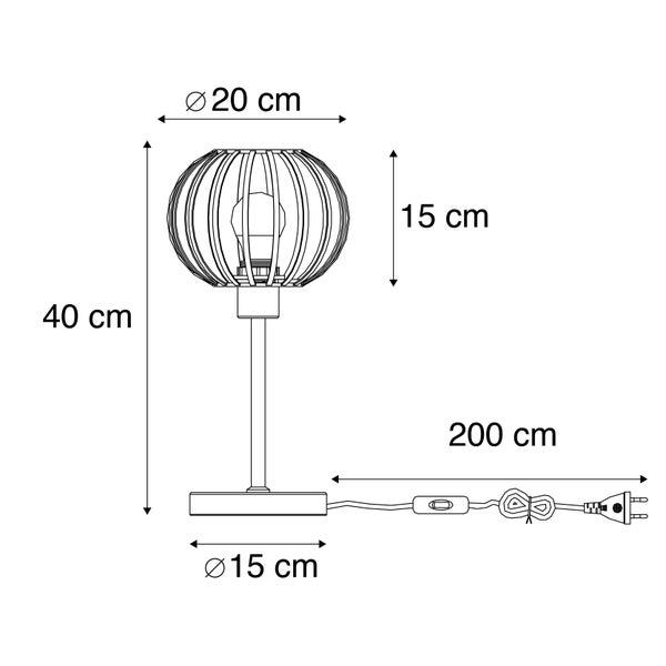 Zeichnung einer Tischleuchte mit den Maßen 40 cm Höhe, 20 cm Durchmesser Lampenschirm und 15 cm Durchmesser Fuß.