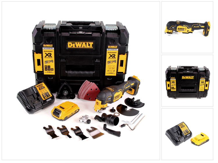 DeWALT 18 Volt Akku-Multitool-Set DCS356 mit TSTAK-Koffer, Ladegerät, Akku und reichhaltigem Zubehör.