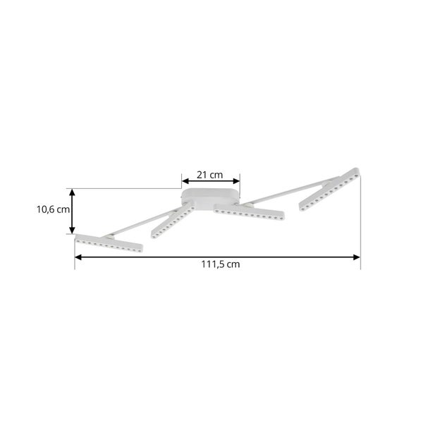 LED-Deckenleuchte mit vier verstellbaren Köpfen. Maße: Breite 111,5 Zentimeter, Höhe 10,6 Zentimeter, Sockel 21 Zentimeter.