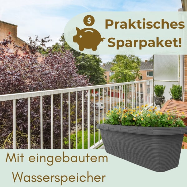 Szene mit einem Balkonkasten mit Wasserspeicher auf einem Balkon.