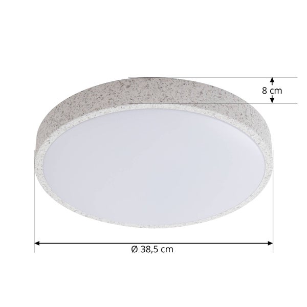 Runde Deckenleuchte mit Rahmen in Steinoptik, Durchmesser 38,5 Zentimeter, Höhe 8 Zentimeter.
