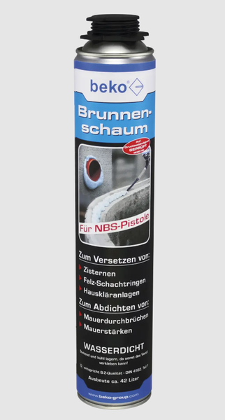 beko Logo. Brunnenschaum wasserdicht und druckbeständig für NBS-Pistole mit einer Ausbeute von circa 42 Liter.