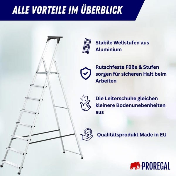 Stufenstehleiter ATLAS mit Werkzeugablage einseitig begehbar 8 Stufen Arbeitshöhe 3,62m Traglast 125kg