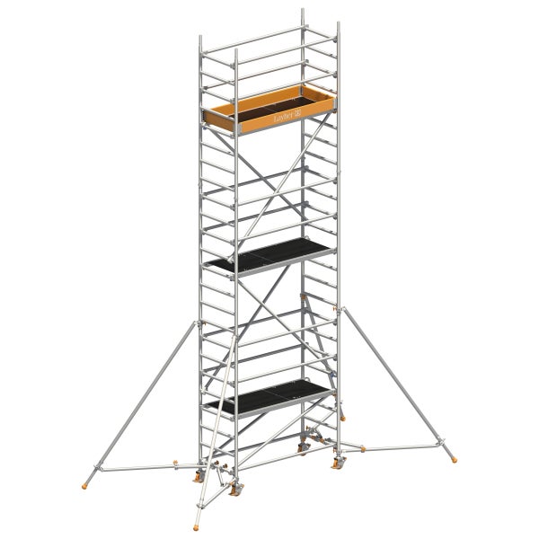 Layher Fahrgerüst mit zwei Arbeitsbühnen und einer Materialablage