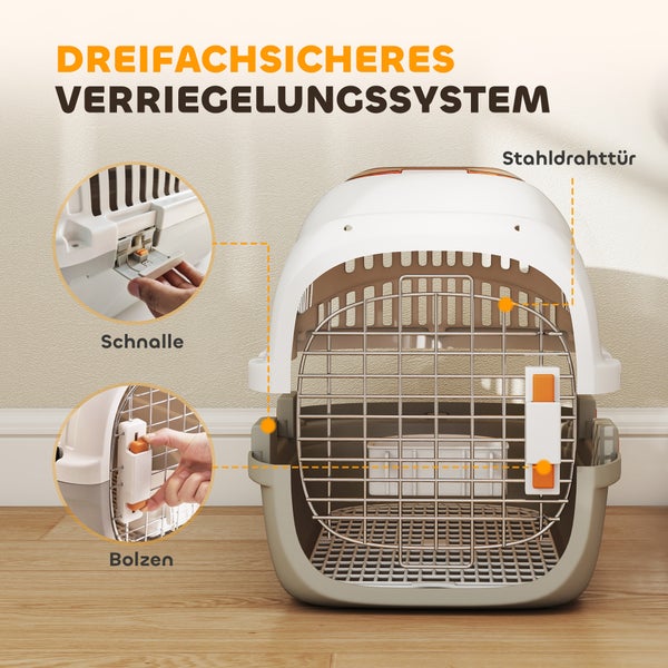 Transportbox für Haustiere mit dreifachem Verriegelungssystem, Stahldrahttür, Schnallenverschluss und Sicherheitsbolzen.