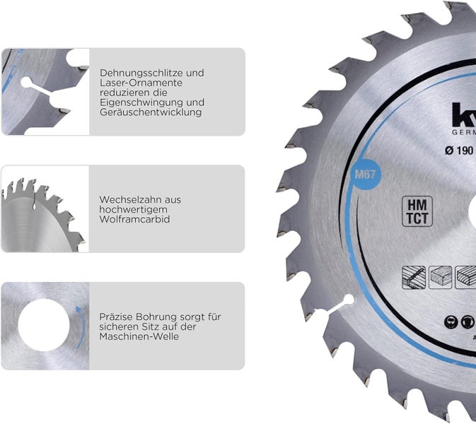 kwb Kreissägeblatt 160 x 16 mm - Schneller Schnitt, geeignet für Weich- und Hartholz, Tischlerplatten und Spanplatten - Hartmetall-Zähne, flexibles Stammblatt