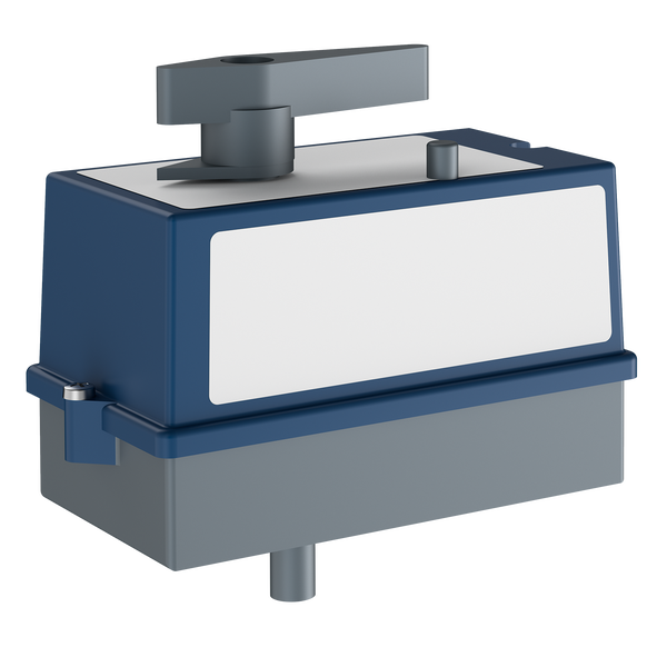 Elektrischer Stellmotor für Ventile mit grauem Drehgriff und blauem Gehäuse.