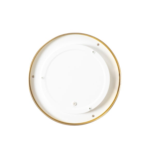 Rückansicht einer runden Deckenleuchte mit goldenem Rand und weißer Montageplatte.
