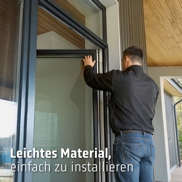 Ein Mann installiert eine Insektenschutztür aus leichtem Material in einen Türrahmen auf einer hellen Terrasse mit Holzdecke.