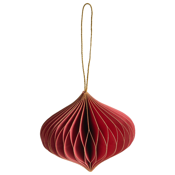 Roter Weihnachtsanhänger aus Papier in Wabenform mit Goldkante und Aufhängeschnur.