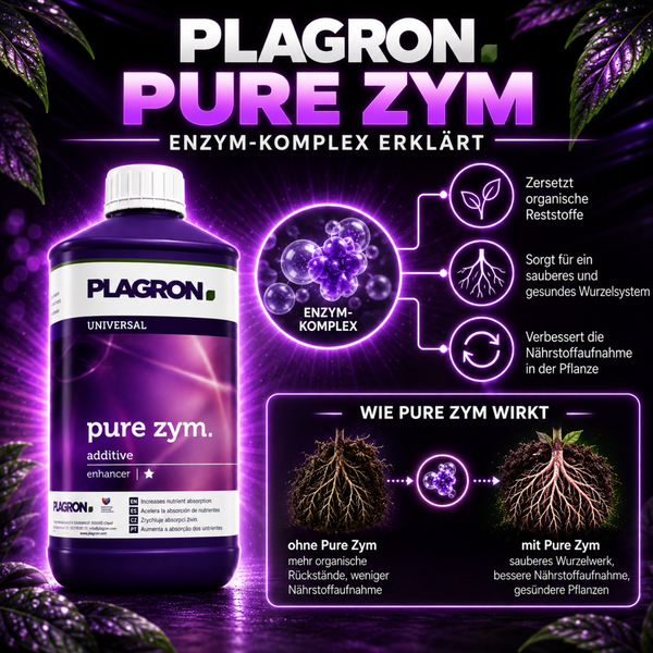Plagron Pure Zym Enzymkomplex Pflanzendünger in einer Flasche mit Anwendungsinformationen und Erklärung zur Verbesserung des Wurzelwachstums.