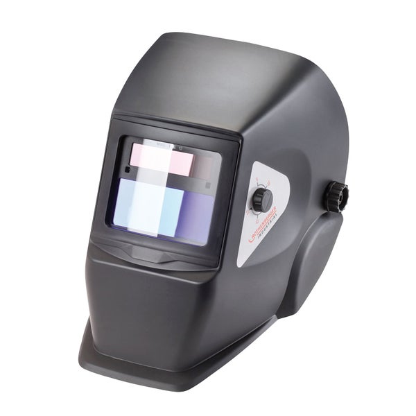 Schwarzer Rothenberger Industrial Automatik-Schweißhelm aus Kunststoff mit verstellbarem Sichtfenster.