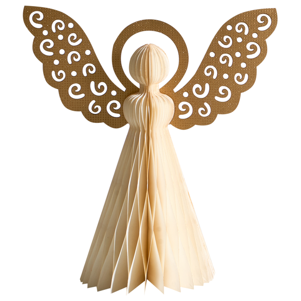 Dekofigur Engel aus Papier mit plissiertem Körper und goldenen Flügeln mit Ornamenten.