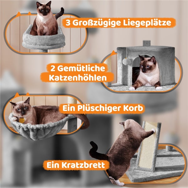 Katzenkratzbaum mit Liegeflächen, Katzenhöhlen und Kratzbrett