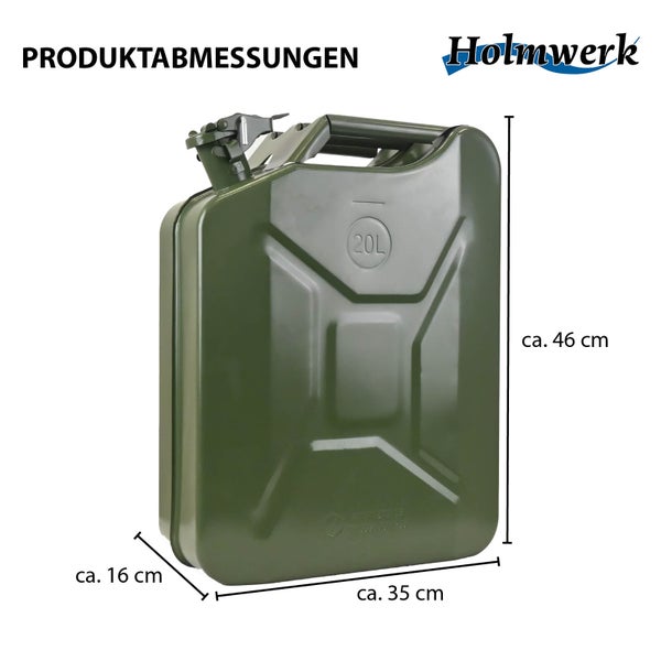 Metallkanister mit den Produktabmessungen circa 46 cm Höhe, circa 16 cm Breite und circa 35 cm Tiefe
